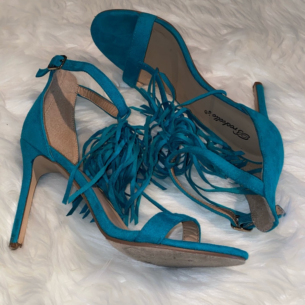 Teal fringe strapy heels